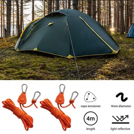 Pack of 4 4 m Reflective Guy Ropes Rope with Rope Tensioner, 4 mm Diameter Adjustable Rope Ratchet Rope Ratchet with Hooks, Paracord Rope Guy Line for Tent Tarpaulin Camping (Orange)