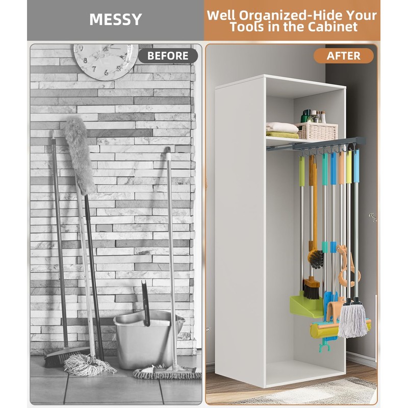 Pull Out Broom Holder, Multifunctional Slide Broom And Mop Storage/Organizer