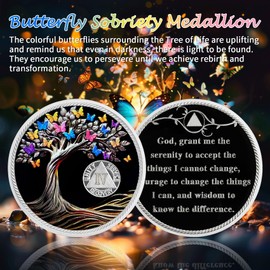 IELCJJ 4 Year Delicate Sobriety Coin, Recovery Colorful Butterfly Tree of Life Sobriety Chip AA NA Medallions Sober Token AA Coin Alcoholics Anonymous Recovery Gifts for Men Women