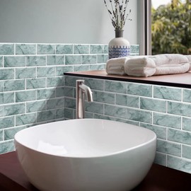 Alwayspon Retro Marble Effect Vinyl Wall Tile Transfers Sticker Decal, Peel & Stick Backsplash Sticker for Kitchen Bathroom, 12x6in/30x15cm 12 Pcs, T010