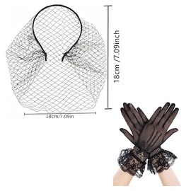 JRGTDS 1920s Mesh Veil with Glove Vintage Fascinators Bridal Wedding Tea Party Veil for Women Cocktail Party (Black)