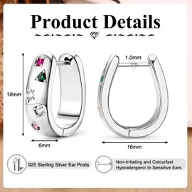 Dochais Hoop Earrings for Women, Medium Colourful Cubic Zirconia Huggie with Silver 925 Pin 14K Gold Plated Hypoallergenic Sleeping Cartilage Earrings for Girls, Cubic Zirconia, Cubic Zirconia