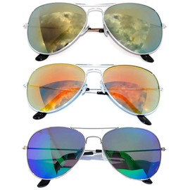 3 pairs Classic Aviator Sunglasses Full Mirror Lens (03 pairs-red-blue-yellow)
