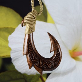 Unique Hawaiian X-Large Koa Wood Fish Hook Necklace, Hand Carved Genuine Koa Wood Fish Hook Necklace, N9135