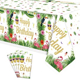 Dvaorc 4 Pack Hawaiian Luau Tablecloths Hawaii Disposable Plastic Table Covers Tropical Table Cloth Summer Beach Birthday Party Tablecloth Palm Leaves Tablecloth (51X86 inch, Hawaiian Happy Birthday)