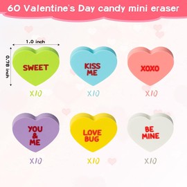 BeYumi 60Pcs Valentine's Day Conversation Heart Mini Erasers for Kids Bulk Assorted Candy Colors Novelty Heart Pencil Eraser School Classroom Prizes Student Homework Rewards Gift Filling Party Favors