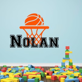 Basketball Name Wall Decal for Kids Room - Sports Ball Boys Wall Decals - Custom Basketball Wall Stickers for Teens Bedroom - Sport Ball and Net Removable Wall Art Mural Vinyl Sticker