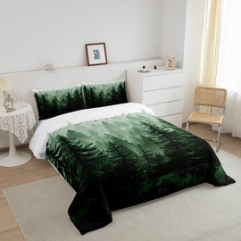 Feelyou Fog Forest Comforter Botanical Pine Trees Comforter Set for Boys Girls Watercolor Green Bedding Set Room Decor King Size Bedspread Cover 3Pcs Boys