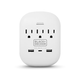 BLACK+DECKER Multicontacto con 3 Tomas, 2 Puertos USB-A y 1 USB-C BDXEEMTTAP2, Carga Rápida, Protector de Sobretensión 490J, Adaptador de Pared, Regleta Múltiple para Casa y Oficina, Blanco y Gris