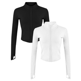 Gihuo Women's 2 Pack Athletic Yoga Jacket Cropped Full Zip Jackets Long Sleeve Lightweight Workout Tops with Thumb Holes(Black+White-S)