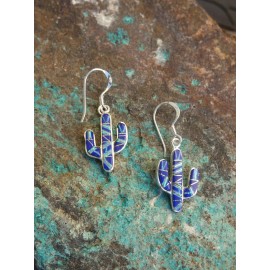 Handmade  Saguaro Cactus Sterling Silver Dark Blue Lapis Opal Stone Inlay Pair Earrings