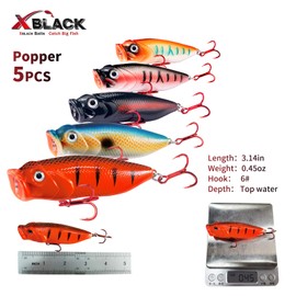 XBLACK Popper Fishing Lure Popper Lure Set Hard Fishing Lures Set ‎Popper Lures Saltwater Freshwater 5PCS Kit for Bass, Redfish, Trout, Walleye, XBLACK Baits, Catch Big Fish!