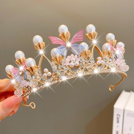 Crown Pink Girls, Moxiewell Butterfly Flower Pearl Rhinestone Queen Crown, Princess Crown Headband, Tiara Pearl Princess, Queen Crown for Birthday Party Holiday Costume, Alloys, white stone