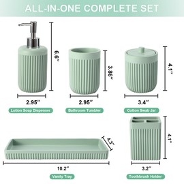 XLHOMO Resin Light Green Bathroom Accessories Set 5 Pcs, Lotion Soap Dispenser, Toothbrush Holder, Bathroom Tumbler, Qtip Holder and Vanity Tray, Bathroom Countertop Organizer Set for Modern Apartment