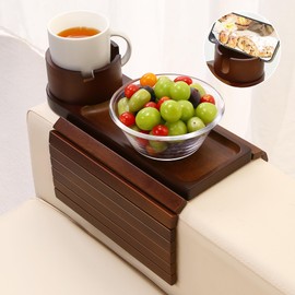aisongdong Couch Cup Holder,Bamboo Couch Arm Tray with 360° Rotating Cup Holder,Foldable Anti-Slip Sofa Arm Chair Tray for Eating Snack Drink Side Table