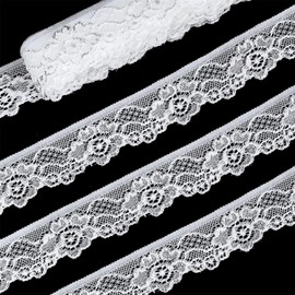 ZNZAKKA White Stretch Lace Ribbon Trim, Floral Elastic Lace Ribbon Trim for Crafts Decorating (White 1Inch 20Yards)