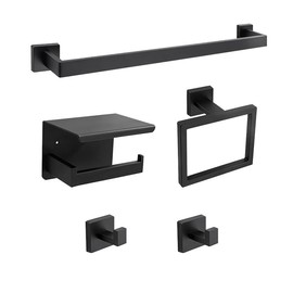 5-Piece Bathroom Hardware Set 23.6 Inch Gold Towel Bar Set Towel Bar Towel Ring Coat Hook and Toilet Paper Holder with Shelf Wall Mounted Stainless Steel Bathroom Accessories Set (Black, 5 Piece)