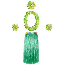 Hawaiian Luau Hula Grass Skirt with Large Flower Costume Set for Dance Performance Party Decorations Favors Supplies (32" - Green)