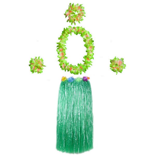 Hawaiian Luau Hula Grass Skirt with Large Flower Costume Set