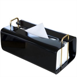 Acrylic Tissue Box Holder Rectangle​ with Curved Design - Decorative Modern Glossy Black Tissue Box Cover with Gold Metal Accents for Bathroom/Living Room/Office Décor