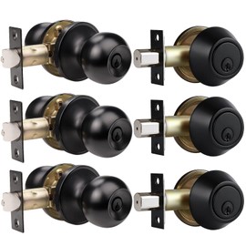 Probrico Keyed Alike Entry Door Knob and Single Cylinder Deadbolt Combo Sets, Exterior Door Knob with Lock and Key for Entrance and Front Door, Same Key, Black Finished, 3 Pack Set