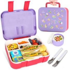 Lehoo Castle Kids Bento Lunch Box, 5 Compartments Lunchbox 1.25L, Lunch Containers with Sauce Jar/Spoon & Fork for Kids Girls School, Leakproof, BPA-Free