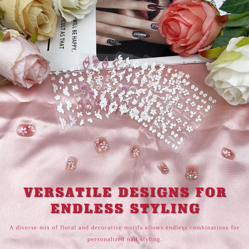 Embossed White Floral Nail Stickers Set – 5 Sheets Self-Adhesive