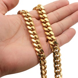 JovJewelry Mens Heavy Miami Cuban Link Chain Necklace Stainless Steel 18K Gold Plated Hip Hop Jewelry For Men Women Wide 6mm/10mm/14mm with Bling CZ Diamond buckle Necklace or Bracelet, 30inches Necklace, Stainless Steel, Zircon