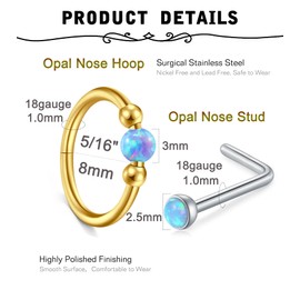 MODRSA 18g Opal Nose Ring - L Shaped & Hoop Clicker Gold Nose Rings For Women - Cartilage & Helix Hoop Earring - Opal Blue Daith Earring - 8mm