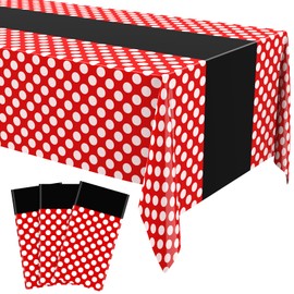 Irenare 3 Pcs Mouse Theme Birthday Party Supplies Decoration Christmas Mouse Tablecloth Plastic Table Cover Polka Dot Tablecloth Lady Bug Party Baby Shower Decor, 54 x 108 Inch(Red, Black, White)