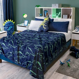Generic Jurassic Dreams Glow-in-The-Dark Dinosaur Adventure Twin/Full Size Blanket, Blue, V87470
