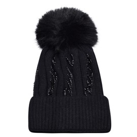ArkXani Winter Hats for Women Zigzag Pompom Knitted Beanie Thermal Layer Fleece Lined Warm Beanie with a Faux Fur Turnup Beanie Bobble m Hats with Fluffy Interior Pompom Zigzag Pattern (Black)