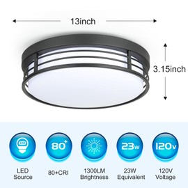 WISBEAM 13 Inch Matte Black Flush Mount Ceiling Light, 23W LED Ceiling Lighting Fixture with 5CCT(2700K/3000K/3500K/4000K/5000K), Dimmable LED Light Fixtures Ceiling Mount for Kitchen Bathroom Hallway
