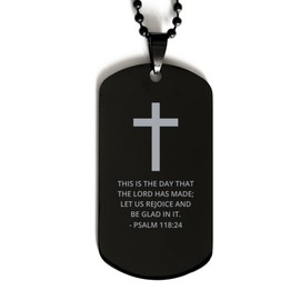 DARIN GIFT Bible Verse Black Dog Tag, Psalm 118:24 Motivational Inspirational Quotes Gifts Cross Faith Engraved Stainless Steel Chain Necklace For Men Women Kids