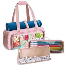 Yarwo 3 PCS Mahjong Bag Empty, Clear American Mahjong Tile Set Bag with Game Mat Buckle and Sewn Chenille Letter, Zippered Game Storage for Mahjong Tiles, Racks & Pushers, Pink (Case Only)