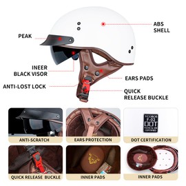 Retro Open Face Motorcycle Helmets Sun Visor Quick Release Buckle DOT Approved Adult Helmets for Cruiser Chopper Moped Scooter ATV (White, XXL)