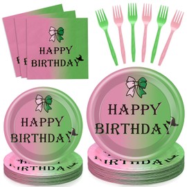 Havawish 96 Pcs Pink and Green Plates Happy Birthday Party Supplies Tableware Set for 24 Guest Crown and Magic Wand Bad Witch Paper Plates Napkins Forks for Birthday Castle Party Favor