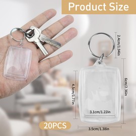 20Pcs Rectangle Acrylic Blank Photo Keychain, Clear Photo Frame Keyring, Picture Snap-In Insert Keyring, Double Sided Photo Holder Keychain, Clear Photo Key Rings with Split Ring for Family Friends