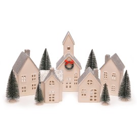 Mark Feldstein & Associates Silver Rooftopped Village with Trees, White Porcelain LED Holiday Figurines, 16 Piece Set, 11 Inch