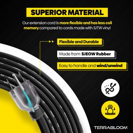 TerraBloom 12/3 Heavy Duty Extension Cord 50 FT Outdoor - Black Outdoor Extension Cord Multiple Outlet - Ultra-Flexible SJEOW Rubber, Light Indicator, Triple Outlet for Maximum Efficiency - 15 Amp