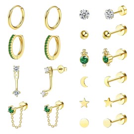 20Pcs Hypoallergenic Earrings for Women,Flat Back Stud Hoop Earrings Zirconia Heart Sleeper Cartilage Earring Set (Silvery,Gold) (gold)
