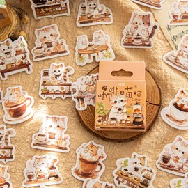 Obujopal 46 Pcs Small Coffee Cat Stickers for Scrapbooking Diary Laptop Junk Journal Notebook Kids Envelope Card Making Diary Planner Craft DIY Craft Decoration, 23 Patterns