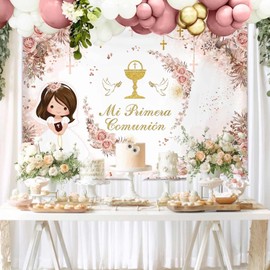 MEHOFOND 8x6ft Boho Mi Primera Comunion Backdrop Pastel Pink Floral Mi Bautizo Photography Background for Girl First Holy Communion Pink Glitter Dots Baptism God Bless Chalice Doves Decor Photo Props