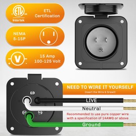 WELLUCK 15 Amp Flanged Inlet 125V, NEMA 5-15 RV Shore Power Inlet Plug w/Waterproof and Back Cover, 2 Pole 3-Wire AC Port Plug, Generator Male Receptacle for Marine Boat RV Shed Electrical Extension