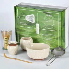 relief craftsmanship Matcha Set, Japanese Tea Set, Matcha Bowl with Spout, teacup, Matcha Whisk and Holder, Bamboo matcha Scoop and Stainless Sifter - 6 Pcs Kit, for Matcha Lover (beige)