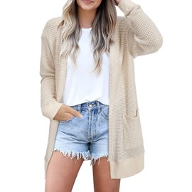 STYLEWORD Womens Spring Cardigan Sweaters Trendy 2025 Lightweight Knit Long Cream Beach Cover Up Summer Outfits Waffle Clothes(Apricot-XL)
