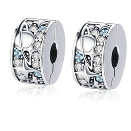 MEETCCY 2pc Clip Spacer Charm Bracelets for Women 925 Sterling Silver Blue White Crystal Charm Clip Lock Spacer Stopper Charm Bead for Bracelet (A-2pc) (A-2pc)