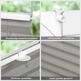 Victoria M. Praktica Pleated Blind, No Drilling Required, with Clamp Supports for Window Sashes, 15-22 mm, Aluminium Rails, Made of Non-Woven or Polyester Fabric