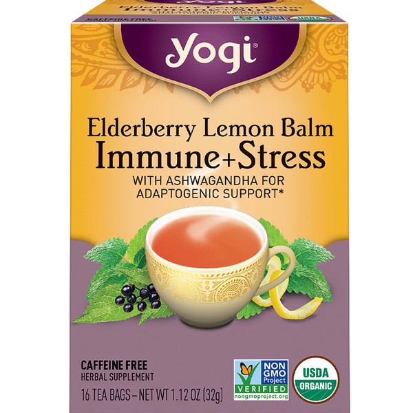 Yogi Tea - Elderberry Lemon Balm Immune and Stress Support (4 Pack) - With Ashwagandha For Adaptogenic Support - Caffeine Free - 64 Organic Herbal Tea Bags
