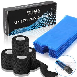 200PCS Pen Covers with 4PCS Grip Tape -  Machine Cover Bags Blue Tattoo Pen Covers Sleeves with Black Grip Cover Wrap Self-Adherent Tape Plastic Covers for Tattoo Machine Tattoo Supplies - Color: Small Black Pen Covers and 4Pcs Gri